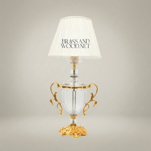 Rococo Crystal Urn Table Lamp Brass Scroll Handles Ivory Shade Brass and Wood Gold Front | Brass & Wood