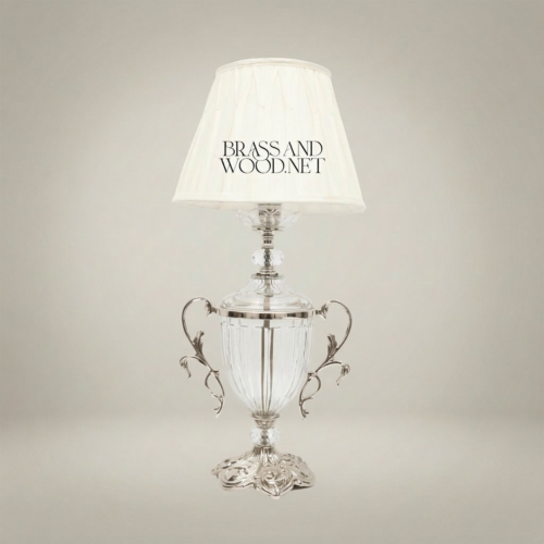 Rococo Crystal Urn Table Lamp Brass Scroll Handles Ivory Shade Brass and Wood Silver Front | Brass & Wood