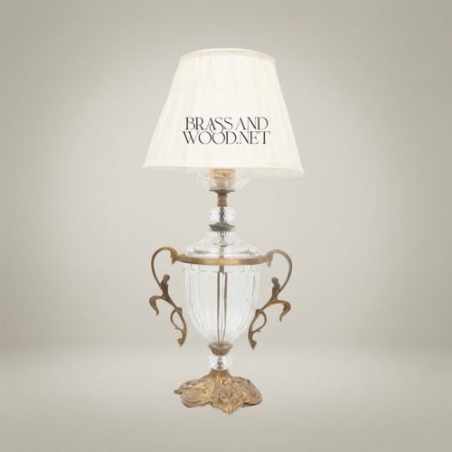 Rococo Crystal Urn Table Lamp Brass Scroll Handles Ivory Shade Brass and Wood Antique Gold Front | Brass & Wood