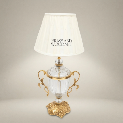 Rococo Crystal Urn Table Lamp Brass Scroll Handles Ivory Shade Brass and Wood Gold Front | Brass & Wood