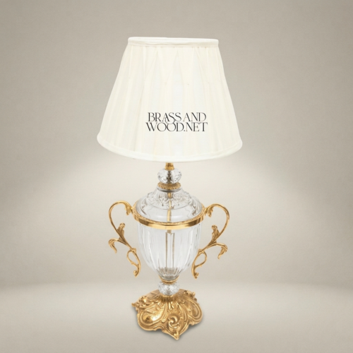 Rococo Crystal Urn Table Lamp Brass Scroll Handles Ivory Shade Brass and Wood Gold Front | Brass & Wood