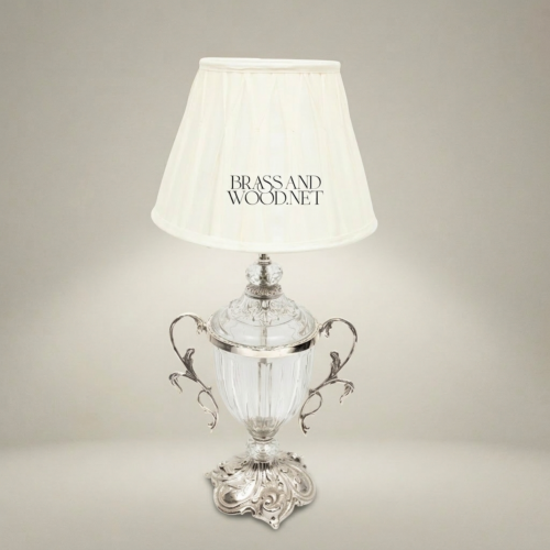Rococo Crystal Urn Table Lamp Brass Scroll Handles Ivory Shade Brass and Wood Silver Front | Brass & Wood