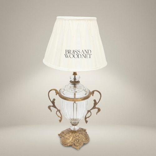 Rococo Crystal Urn Table Lamp Brass Scroll Handles Ivory Shade Brass and Wood Antique Gold Front | Brass & Wood