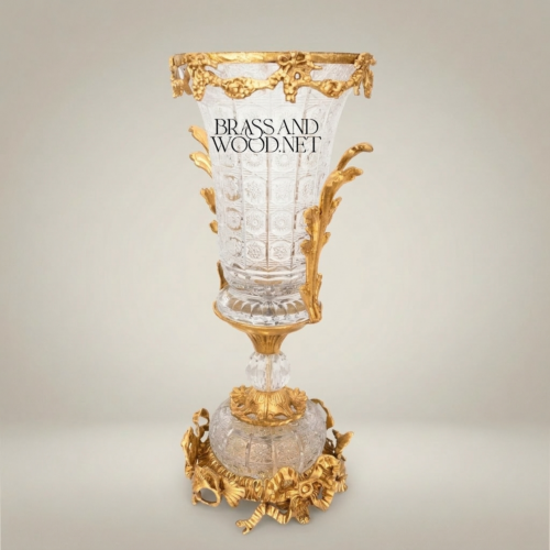 Rococo Crystal Urn Vase Ormolu Brass Acanthus Mounts Brass and Wood Gold Side | Brass & Wood