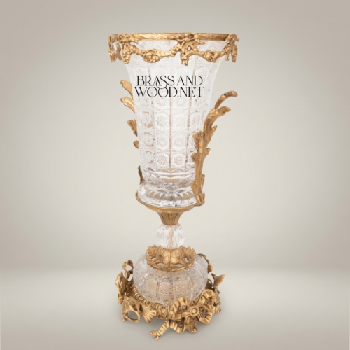 Rococo Crystal Urn Vase Ormolu Brass Acanthus Mounts Brass and Wood Antique Gold Side | Brass & Wood