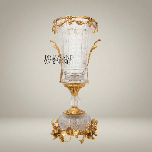 Rococo Crystal Urn Vase Ormolu Brass Acanthus Mounts Brass and Wood Gold Front | Brass & Wood