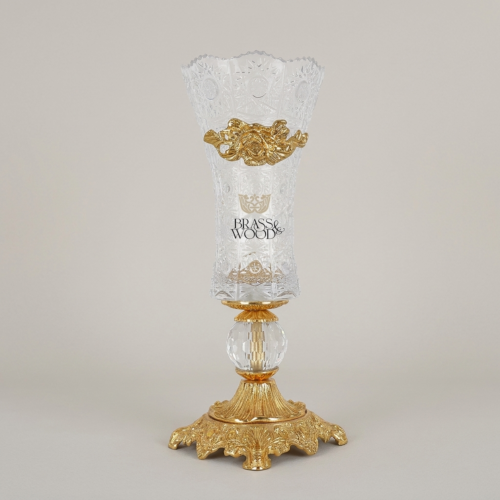 Rococo Cut Crystal Trumpet Vase with Brass Floral Rose Appliqué and Ornate Acanthus Base — Brass & Wood Gold Front | Brass & Wood