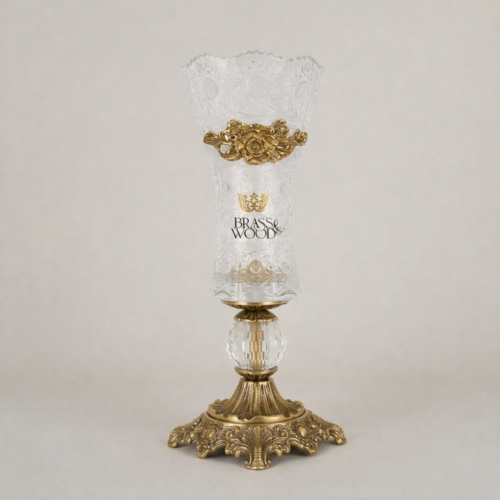 Rococo Cut Crystal Trumpet Vase with Brass Floral Rose Appliqué and Ornate Acanthus Base — Brass & Wood Antique Gold Front | Brass & Wood