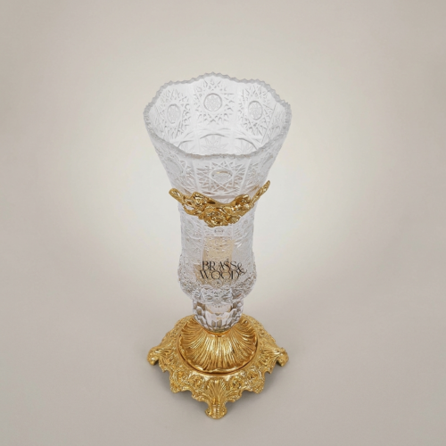 Rococo Crystal Vase with Brass Base & Rose Appliqué — Faceted Cut-Glass Trumpet Form