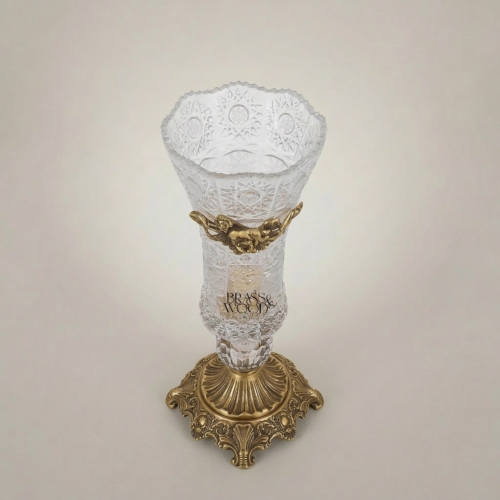 Rococo Cut Crystal Trumpet Vase with Brass Floral Rose Appliqué and Ornate Acanthus Base — Brass & Wood Antique Gold Front | Brass & Wood