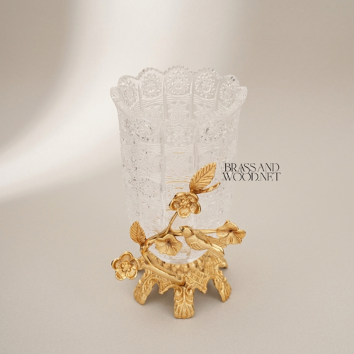 Rococo Cut Crystal Vase on Handcrafted Brass Songbird Blossom Branch Stand Brass and Wood Gold Front | Brass & Wood