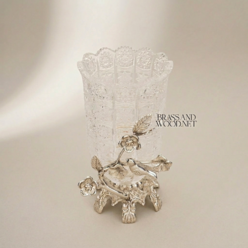 Rococo Cut Crystal Vase on Handcrafted Brass Songbird Blossom Branch Stand Brass and Wood Silver Front | Brass & Wood