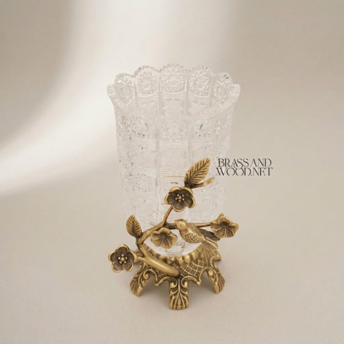 Rococo Cut Crystal Vase on Handcrafted Brass Songbird Blossom Branch Stand Brass and Wood Antique Gold Front | Brass & Wood