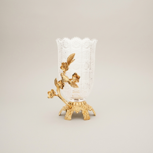 Rococo Cut Crystal Vase on Handcrafted Brass Songbird Blossom Branch Stand Brass and Wood Gold Front | Brass & Wood