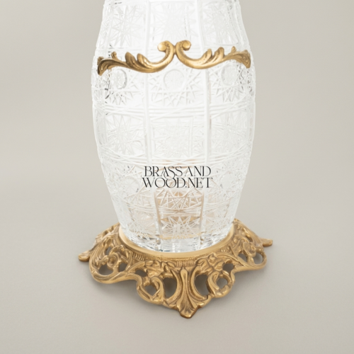 Rococo Hand-Cut Crystal Vase with Brass Acanthus Band and Pierced Brass Base Antique Gold Front | Brass & Wood