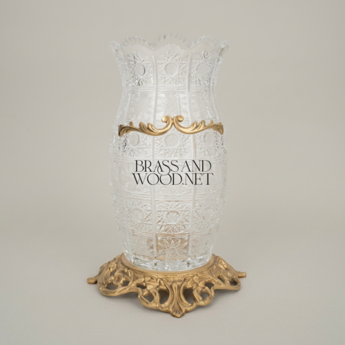 Rococo Hand-Cut Crystal Vase with Brass Acanthus Band and Pierced Brass Base Antique Gold Front | Brass & Wood
