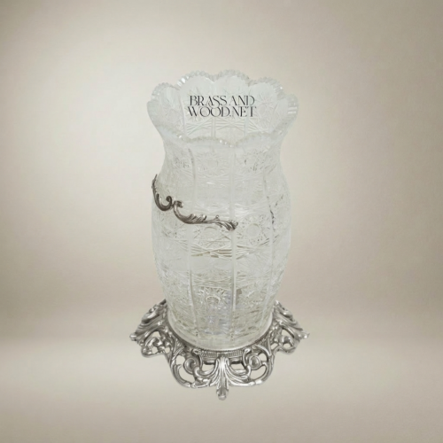 Rococo Hand-Cut Crystal Vase with Brass Acanthus Band and Pierced Brass Base Silver Front | Brass & Wood