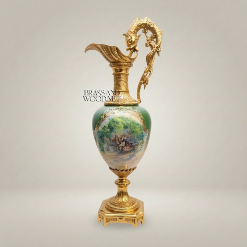 Rococo Dragon-Handle Ewer Vase Emerald Ceramic Hand-Painted Pastoral Brass Brass and Wood Gold Front | Brass & Wood