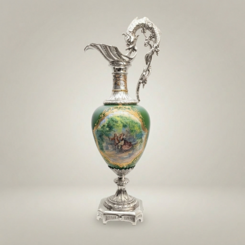 Rococo Dragon-Handle Ewer Vase Emerald Ceramic Hand-Painted Pastoral Brass Brass and Wood Silver Front | Brass & Wood