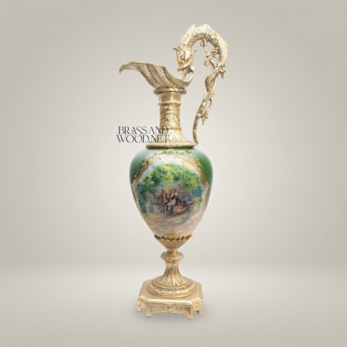 Rococo Dragon-Handle Ewer Vase Emerald Ceramic Hand-Painted Pastoral Brass Brass and Wood Antique Gold Front | Brass & Wood