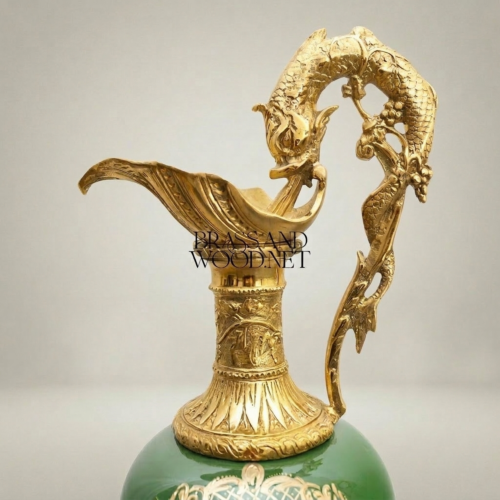 Rococo Dragon-Handle Ewer Vase Emerald Ceramic Hand-Painted Pastoral Brass Brass and Wood Gold Front | Brass & Wood