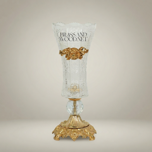 Rococo Engraved Crystal Trumpet Vase Gilt Brass Acanthus Collar Ornate Cast Base Brass and Wood Gold Front | Brass & Wood