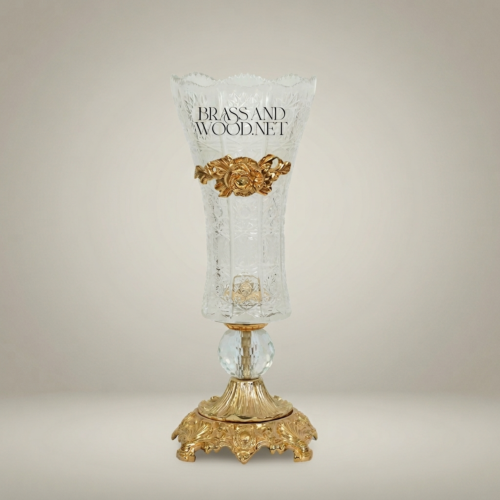 Rococo Engraved Crystal Trumpet Vase Gilt Brass Acanthus Collar Ornate Cast Base Brass and Wood Gold Front | Brass & Wood