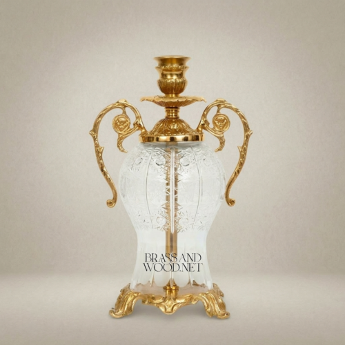 Rococo Etched Crystal Brass Urn Candleholder Scrolled Handles Ornate Amphora Brass and Wood Gold Front | Brass & Wood