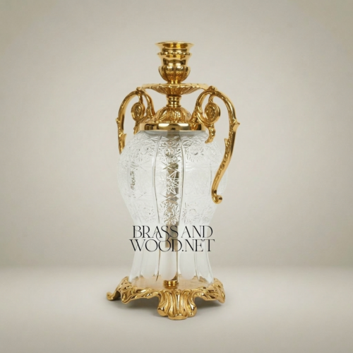 Rococo Etched Crystal Brass Urn Candleholder Scrolled Handles Ornate Amphora Brass and Wood Gold Front | Brass & Wood