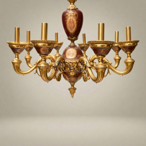 Rococo 8-Arm Chandelier Wine Porcelain Medallions Hand-Painted Brass Brass and Wood Gold Front | Brass & Wood