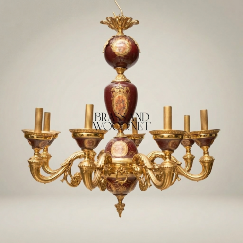Rococo 8-Arm Chandelier Wine Porcelain Medallions Hand-Painted Brass Brass and Wood Gold Front | Brass & Wood