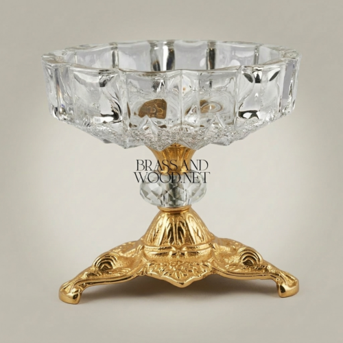 Rococo Faceted Crystal Bowl Ashtray on Scrolled Ornate Brass Tripod Pedestal Gold Front | Brass & Wood