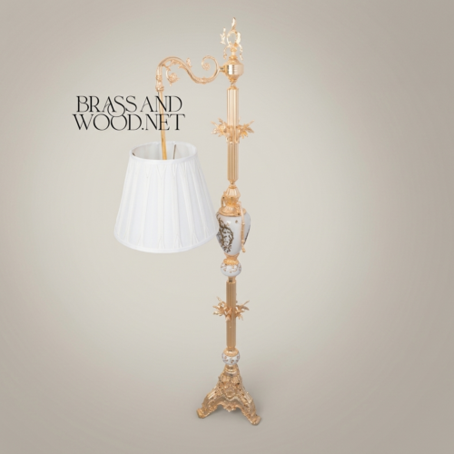 Rococo Ornate Floor Lamp Tripod Base Hand-Painted Ceramic Urn White Pleated Shade Brass and Wood gold Front | Brass & Wood