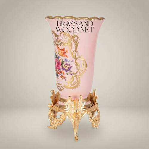 Rococo Floral Pink Ceramic Trumpet Vase Ornate Brass Stand Brass and Wood Gold Front | Brass & Wood