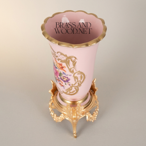 Rococo Floral Pink Ceramic Trumpet Vase Ornate Brass Stand Brass and Wood Gold Front | Brass & Wood
