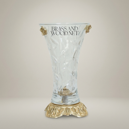 Rococo Floral Relief Crystal Glass Vase with Ornate Brass Acanthus Sculptural Base – Brass & Wood Gold Front | Brass & Wood