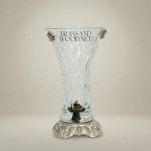 Rococo Floral Relief Crystal Glass Vase with Ornate Brass Acanthus Sculptural Base – Brass & Wood Silver Front | Brass & Wood