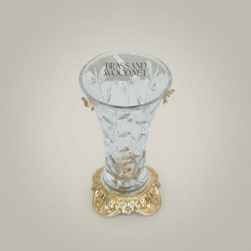Rococo Floral Relief Crystal Glass Vase with Ornate Brass Acanthus Sculptural Base – Brass & Wood Gold Front | Brass & Wood