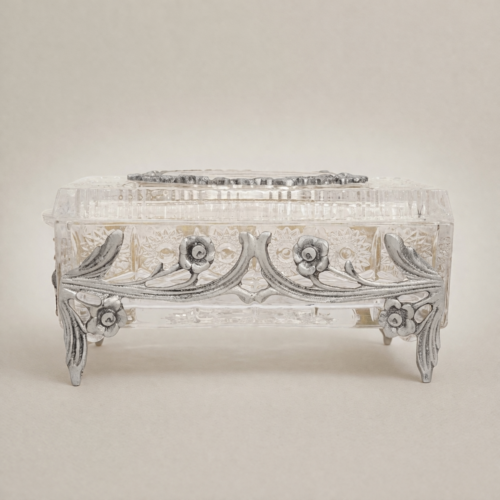 Rococo Floral Relief Crystal Tissue Box with Scrollwork Metal Frame