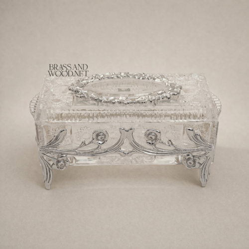 Rococo Floral Relief Crystal Tissue Box with Scrollwork Metal Frame