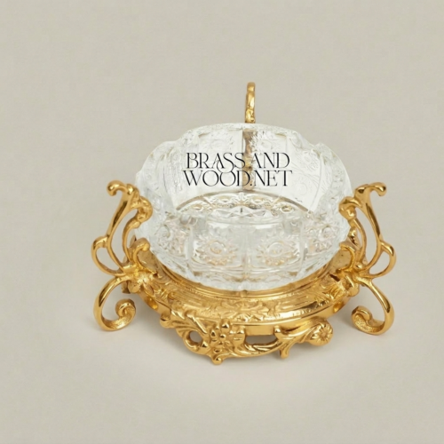 Rococo Handcrafted Gold Brass Crystal Ashtray Ornate Scrollwork Stand Brass and Wood Gold Side | Brass & Wood