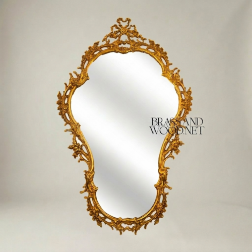 Rococo Hand-Carved Asymmetric Gilded Wall Mirror Pierced Acanthus Ribbon Crest Brass and Wood Gold Front | Brass & Wood