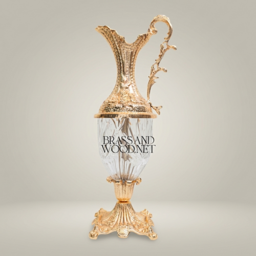 Rococo Hand-Carved Brass Cut Crystal Ewer Vase Acanthus Handle Brass and Wood Gold Front | Brass & Wood