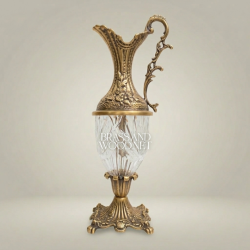 Rococo Hand-Carved Brass Cut Crystal Ewer Vase Acanthus Handle Brass and Wood Antique Gold Front | Brass & Wood
