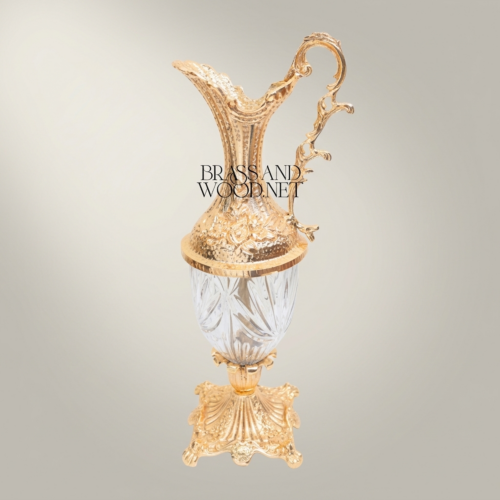 Rococo Hand-Carved Brass Cut Crystal Ewer Vase Acanthus Handle Brass and Wood Gold Front | Brass & Wood