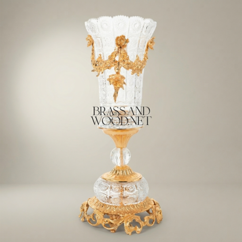 Rococo Hand-Cut Crystal Trophy Vase with Ormolu Floral Brass Swag Mounts – Brass and Wood Gold Front | Brass & Wood