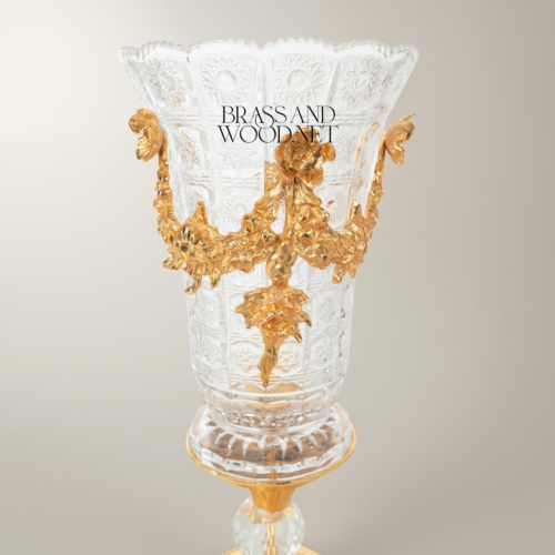 Rococo Hand-Cut Crystal Trophy Vase with Ormolu Floral Brass Swag Mounts – Brass and Wood Gold Front | Brass & Wood