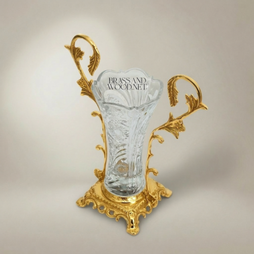 Rococo Hand-Cut Crystal Vase Ornate Acanthus Brass Stand Brass and Wood Gold Front | Brass & Wood
