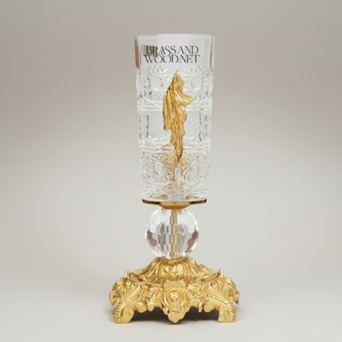 Rococo Hand-Engraved Crystal Vase Ornate Brass Base Acanthus Leaf Appliqué Brass and Wood Gold Front | Brass & Wood