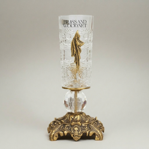 Rococo Hand-Engraved Crystal Vase Ornate Brass Base Acanthus Leaf Appliqué Brass and Wood Antique Gold Front | Brass & Wood